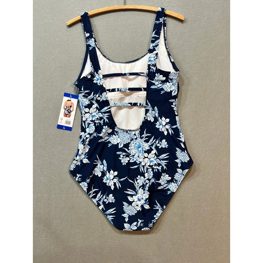 NWT OP One-piece Swimsuit Blue White Floral Size L - Picture 6 of 6